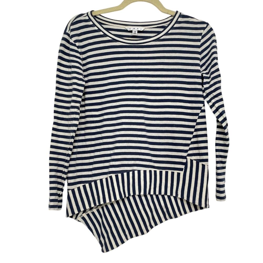 Cabi Blue & White Striped Asymmetrical Hem Blouse XS Boat Neck Nautical Top